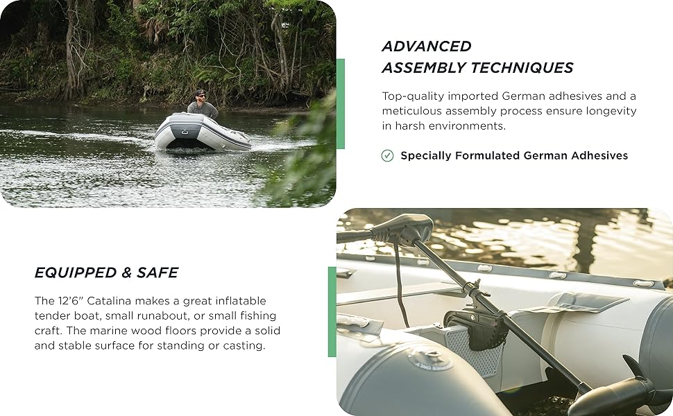 boat carrying bag. 2 aluminum bench seats. wood floor. inflatable boat. electric boat motors